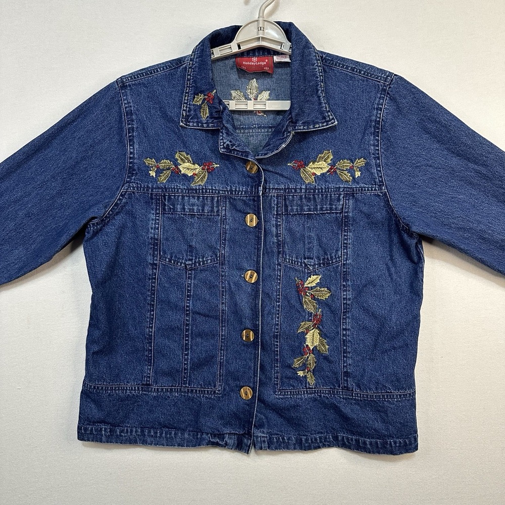 Holiday Lodge By Northcrest Women's XL‎ Denim Jacket Holly Mistletoe Christmas